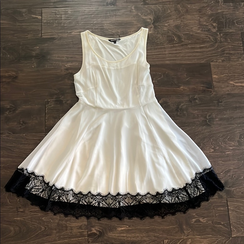 Elegant Ivory Dress with Black Lace Trim